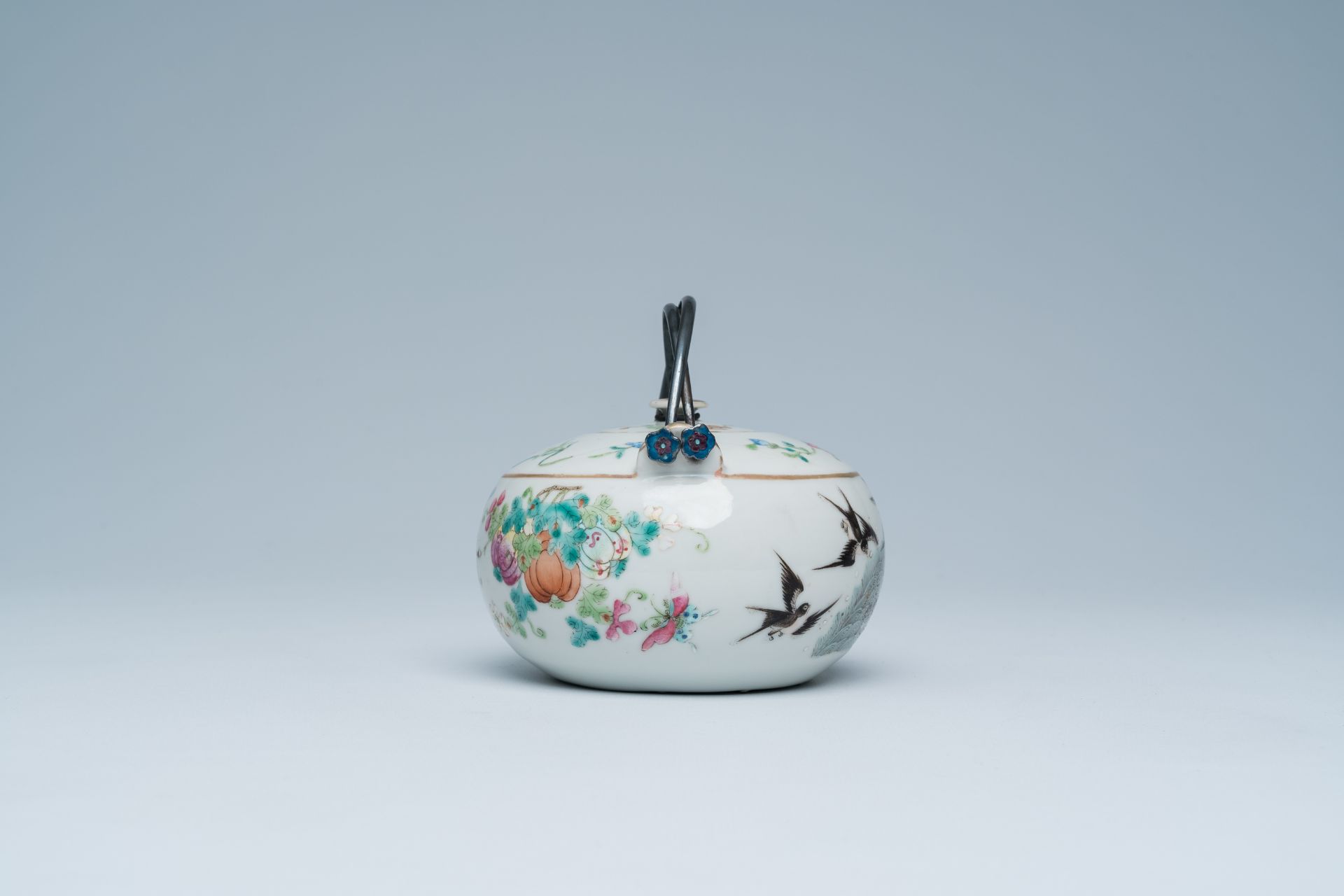 A Chinese famille rose teapot and cover with swallows and butterflies among blossoming branches, 19t - Image 4 of 21