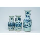 Three Chinese blue and white celadon ground vases with Immortals and their servants in a landscape,