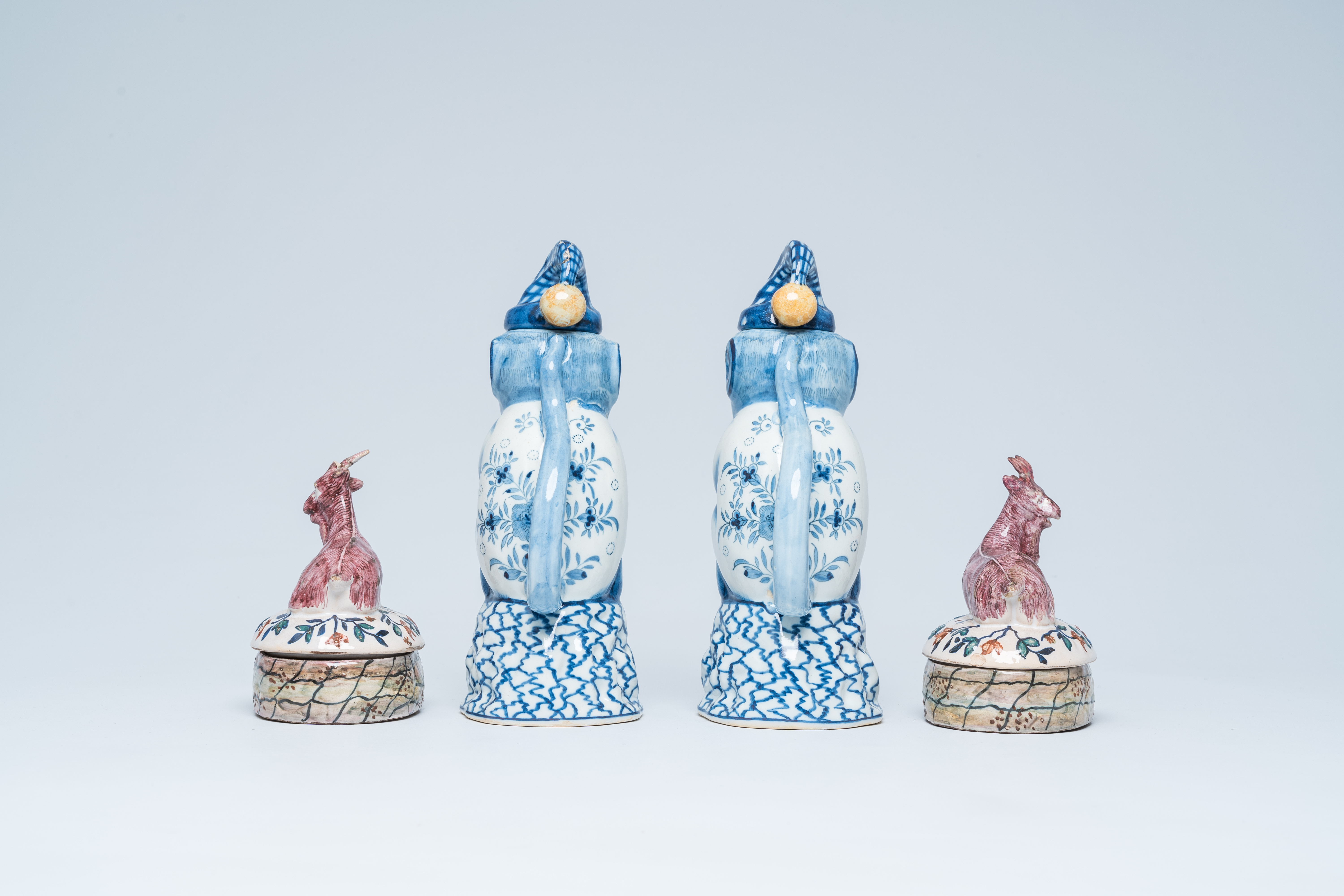 Two polychrome Dutch monkey ewers and two butter tubs with goat-shaped covers, Delft and Makkum, 19t - Image 5 of 7