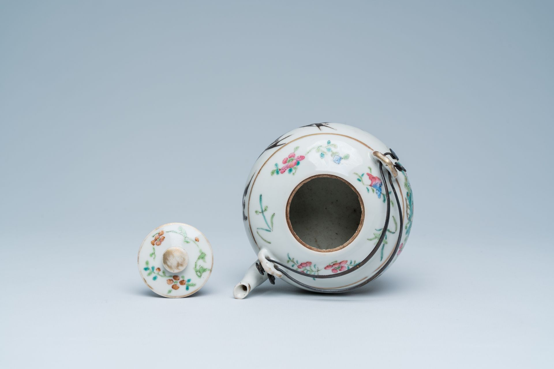 A Chinese famille rose teapot and cover with swallows and butterflies among blossoming branches, 19t - Image 7 of 21