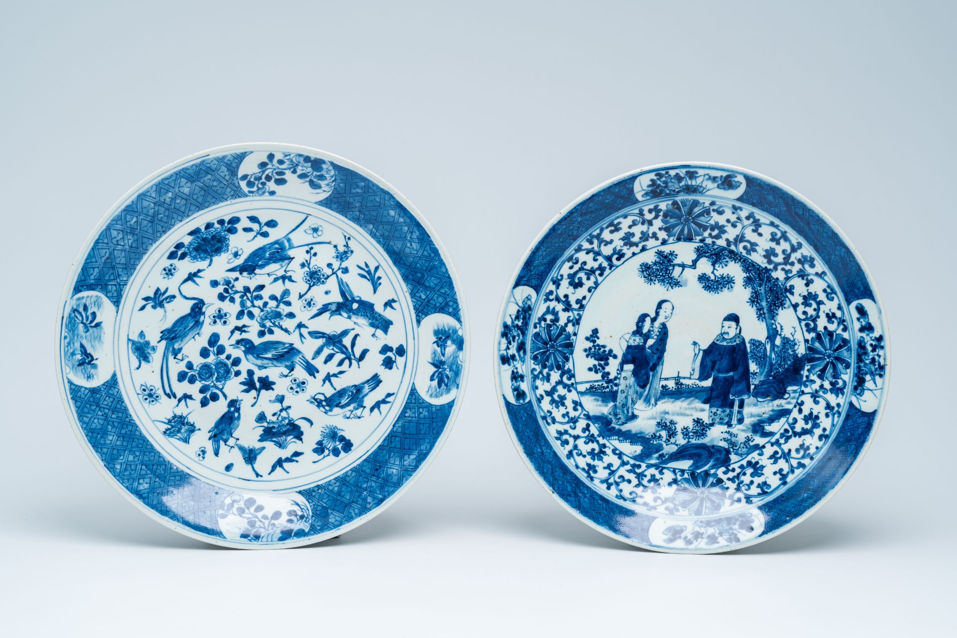 Four Chinese blue and white chargers with figures and birds among blossoming branches, 19th C. - Image 3 of 17