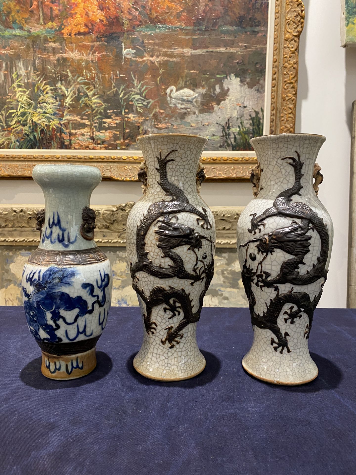 A pair of Chinese Nanking crackle glazed relief decorated 'dragon' vases and a blue and white 'Buddh - Image 8 of 16
