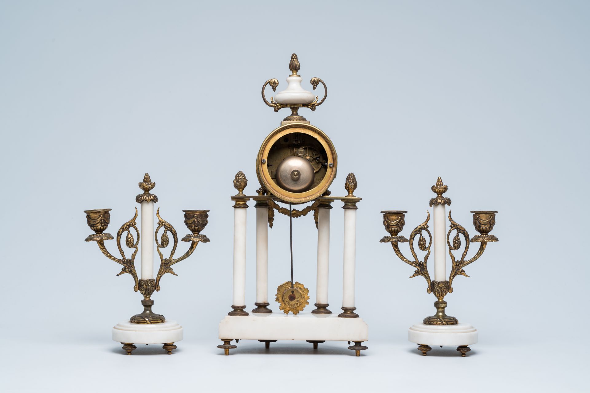 A Belgian Neoclassical gilt bronze mounted white alabaster three-piece clock garniture, Luppens Brus - Image 6 of 14