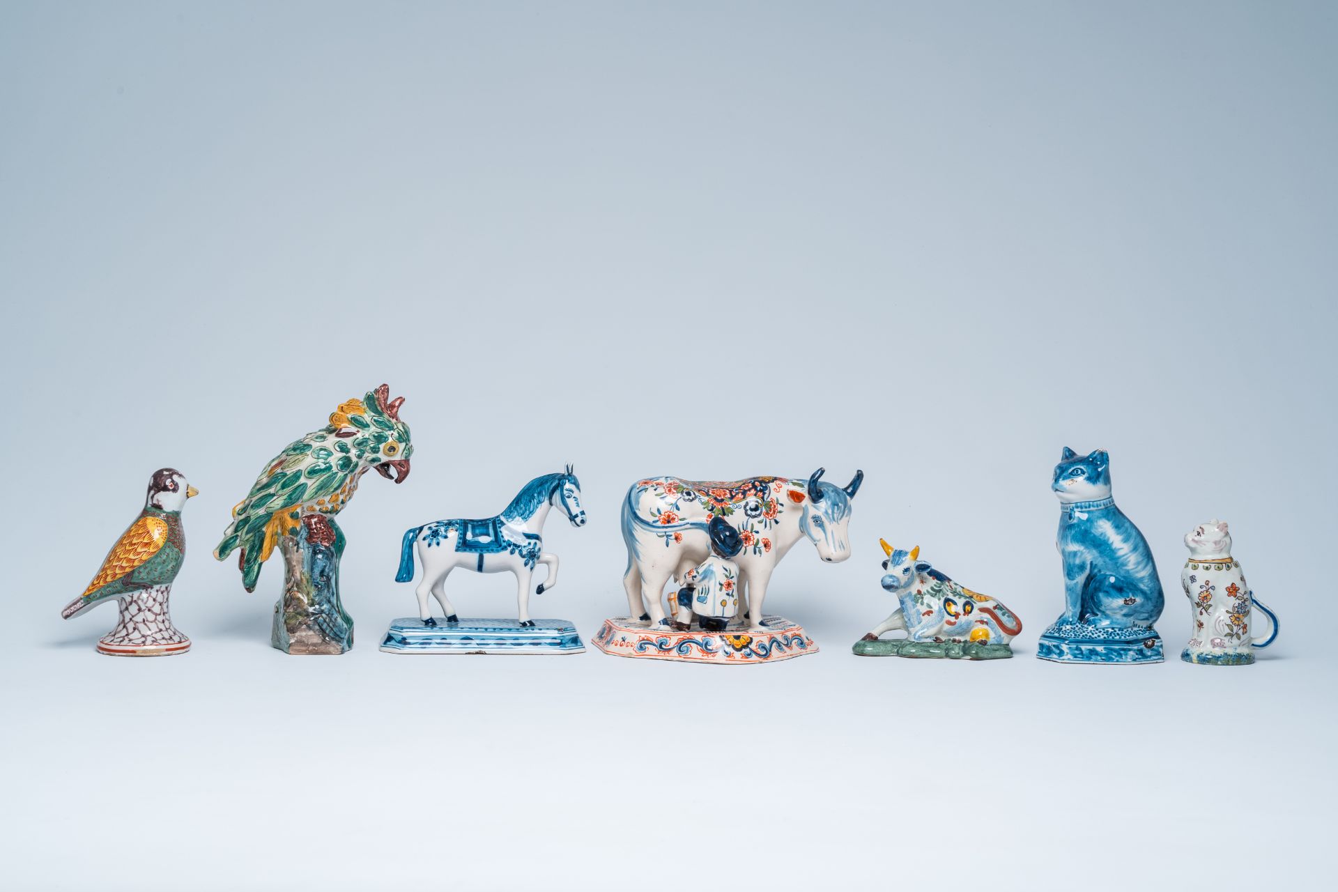 Seven blue, white and polychrome Delft-style animal sculptures, incl. Desvres and Makkum, 19th/20th - Image 2 of 7