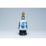 A Chinese blue and white vase or hookah base mounted as a lamp, Kangxi