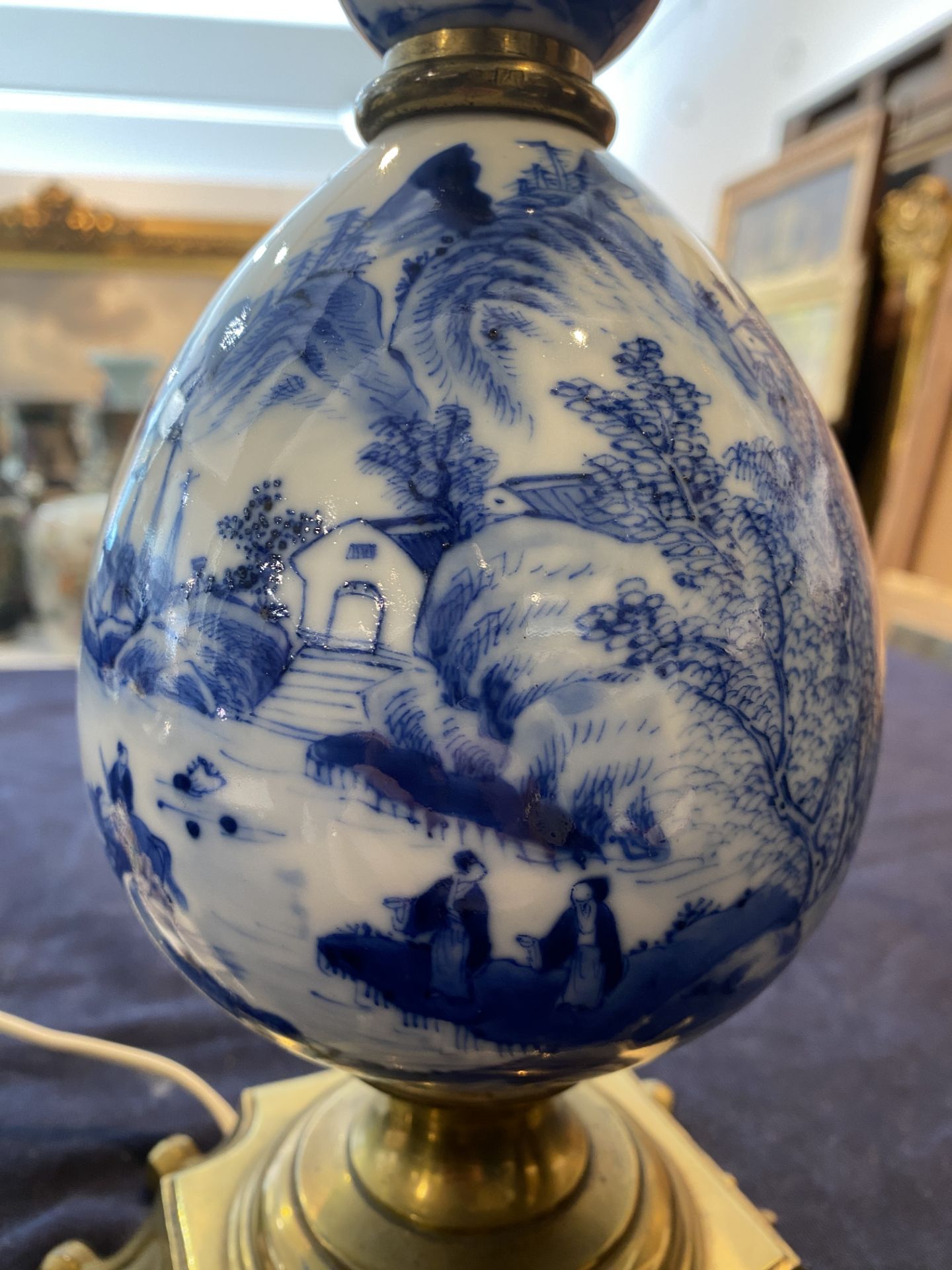 A Chinese blue and white bottle shaped vase with an animated river landscape mounted as a lamp, 19th - Image 12 of 13