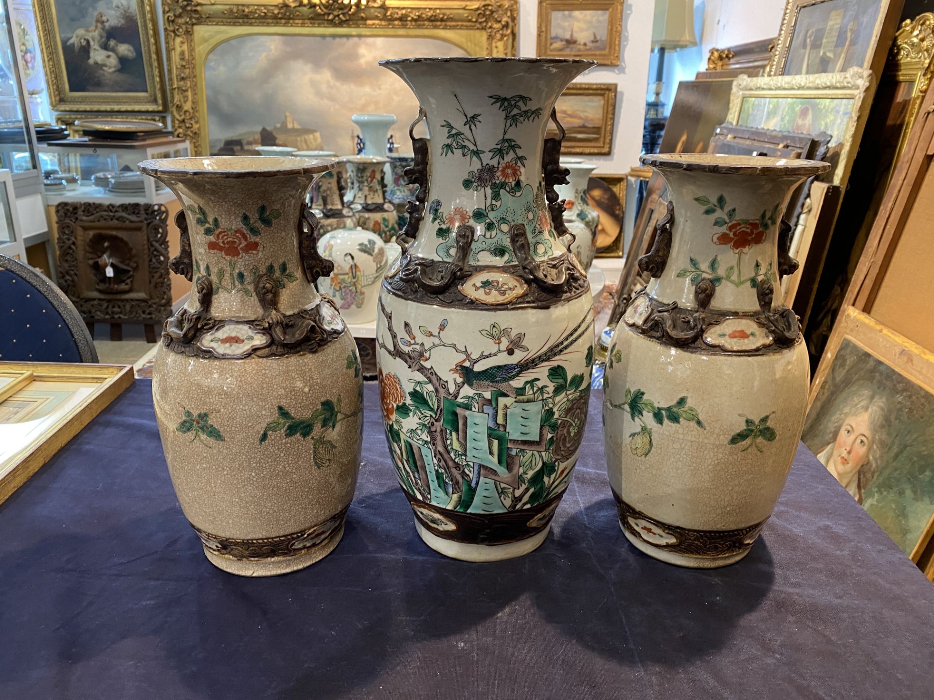 Three Chinese Nanking crackle glazed famille verte vases with birds among blossoming branches, 19th - Image 9 of 15
