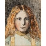 Xavier Mellery (1845-1921, in the manner of): Portrait of a girl, mixed media on paper