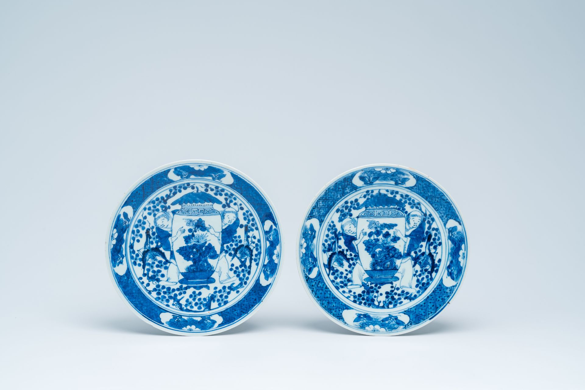 Four Chinese blue and white chargers with figures and birds among blossoming branches, 19th C. - Image 5 of 17