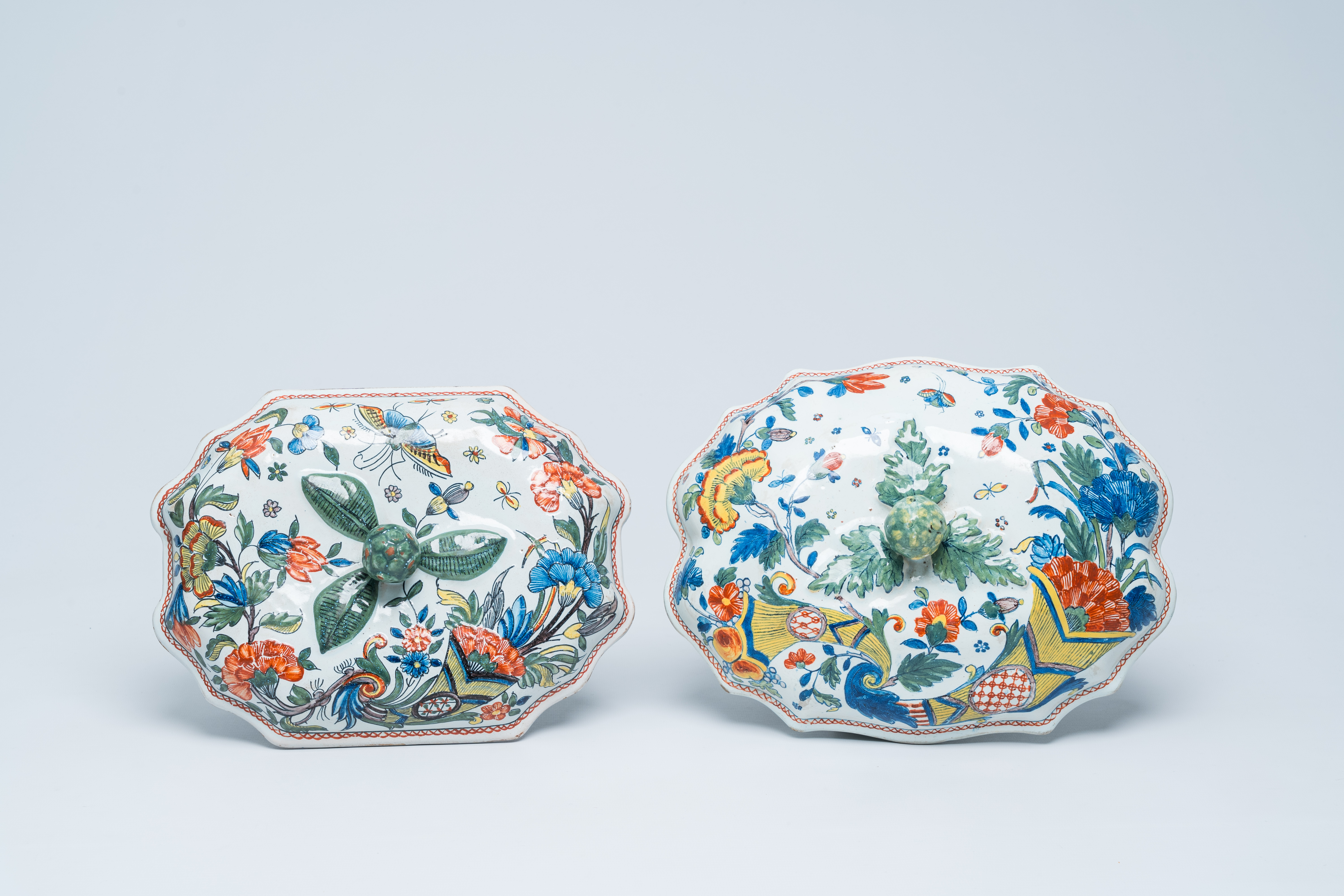 Two polychrome French Rouen faience tureens and covers, a pair of egg cups and a wall fountain, 18th - Image 8 of 9