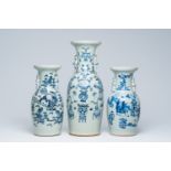 Three Chinese blue and white celadon ground vases with Buddhist lions, antiquities and figures in a