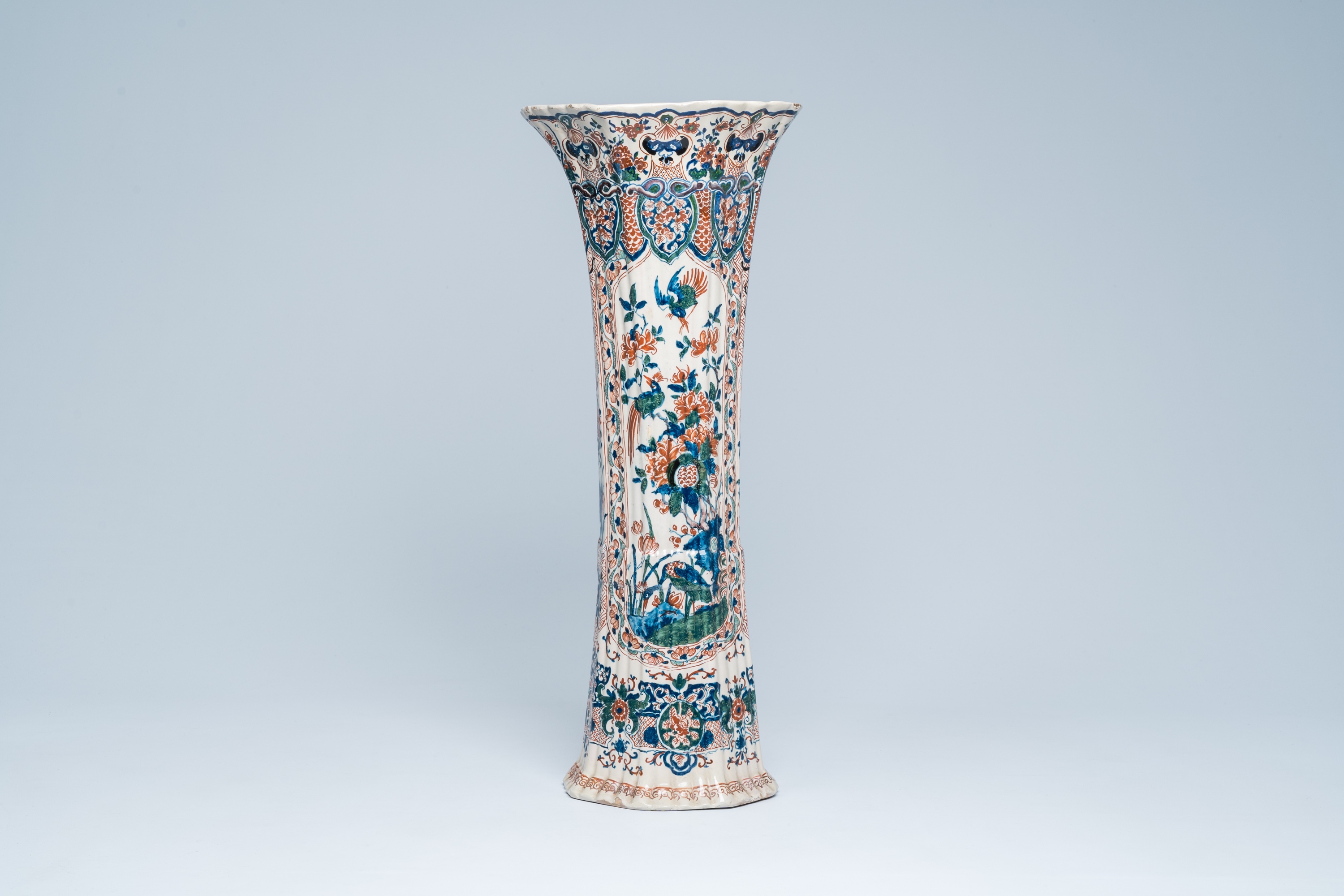 A large Dutch Delft cashmire palette vase with birds among blossoming branches, ca. 1700