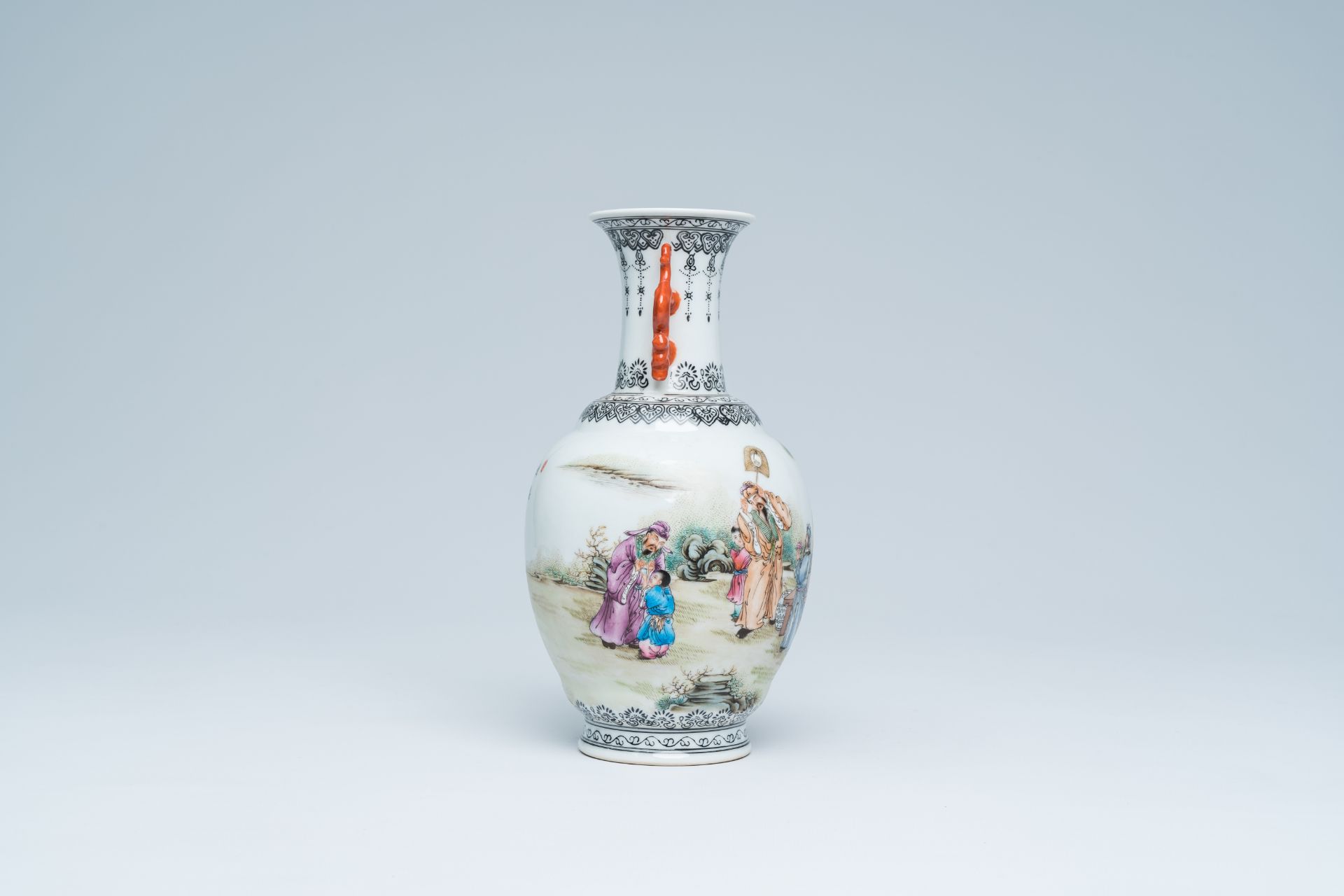 A Chinese famille rose vase with sages in a garden, Qianlong mark, 20th C. - Image 4 of 16