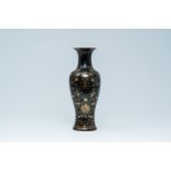 A Chinese monochrome black vase with gilt lotus scrolls, 19th C.