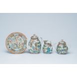 Two Chinese Canton famille verte jugs, a sugar bowl and a plate, 19th C.