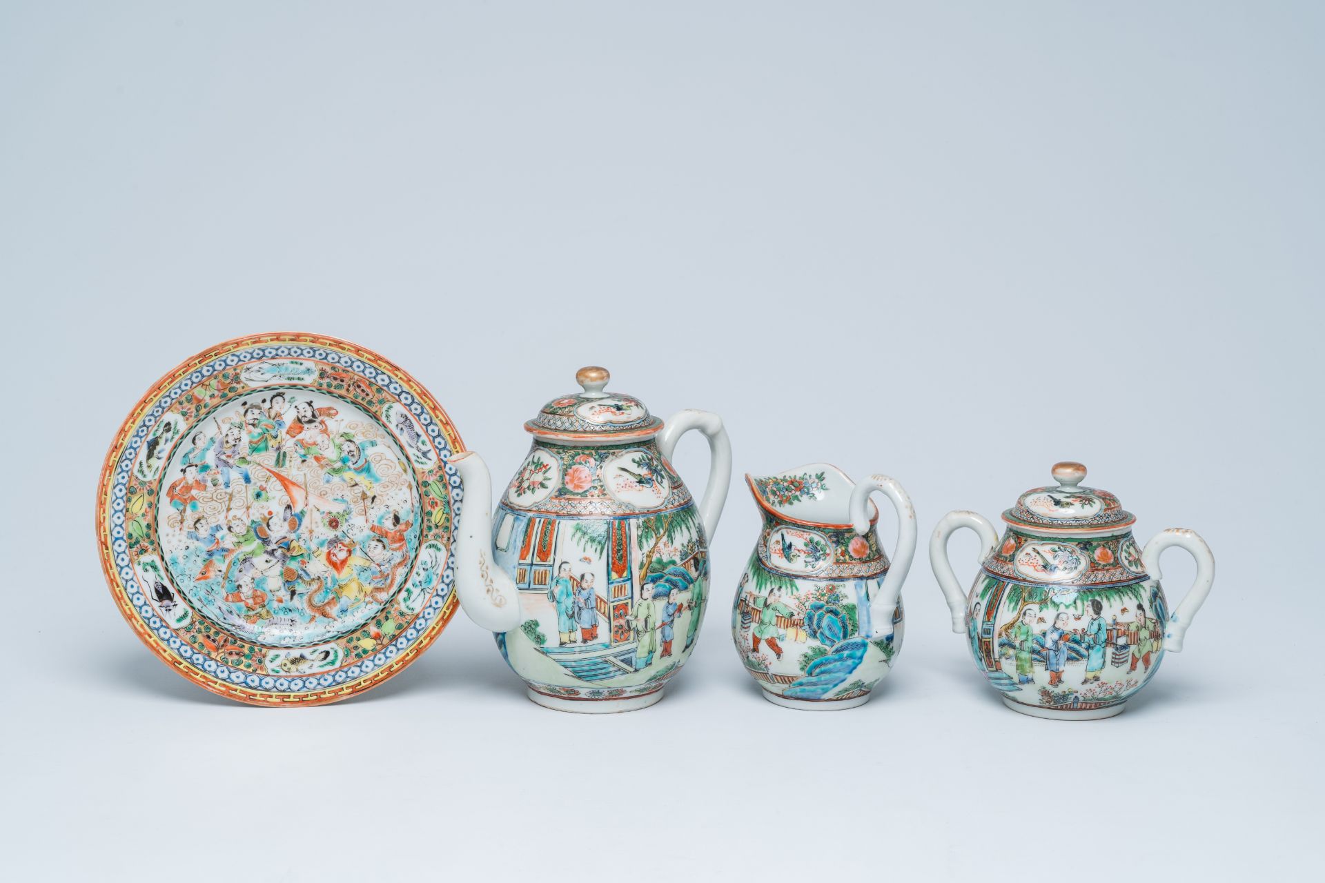 Two Chinese Canton famille verte jugs, a sugar bowl and a plate, 19th C.