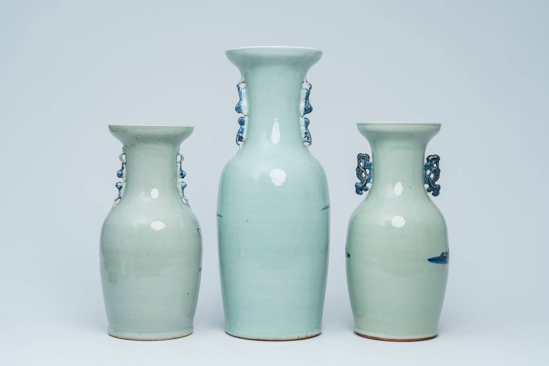 Three Chinese blue and white celadon ground vases with Immortals and their servants in a landscape, - Image 4 of 24