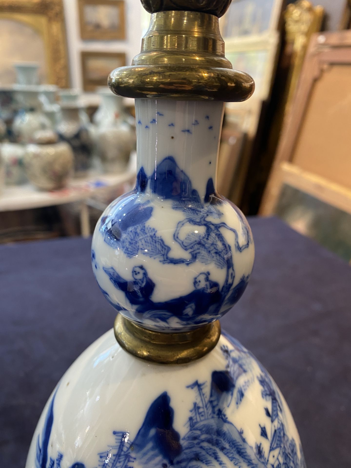 A Chinese blue and white bottle shaped vase with an animated river landscape mounted as a lamp, 19th - Image 11 of 13