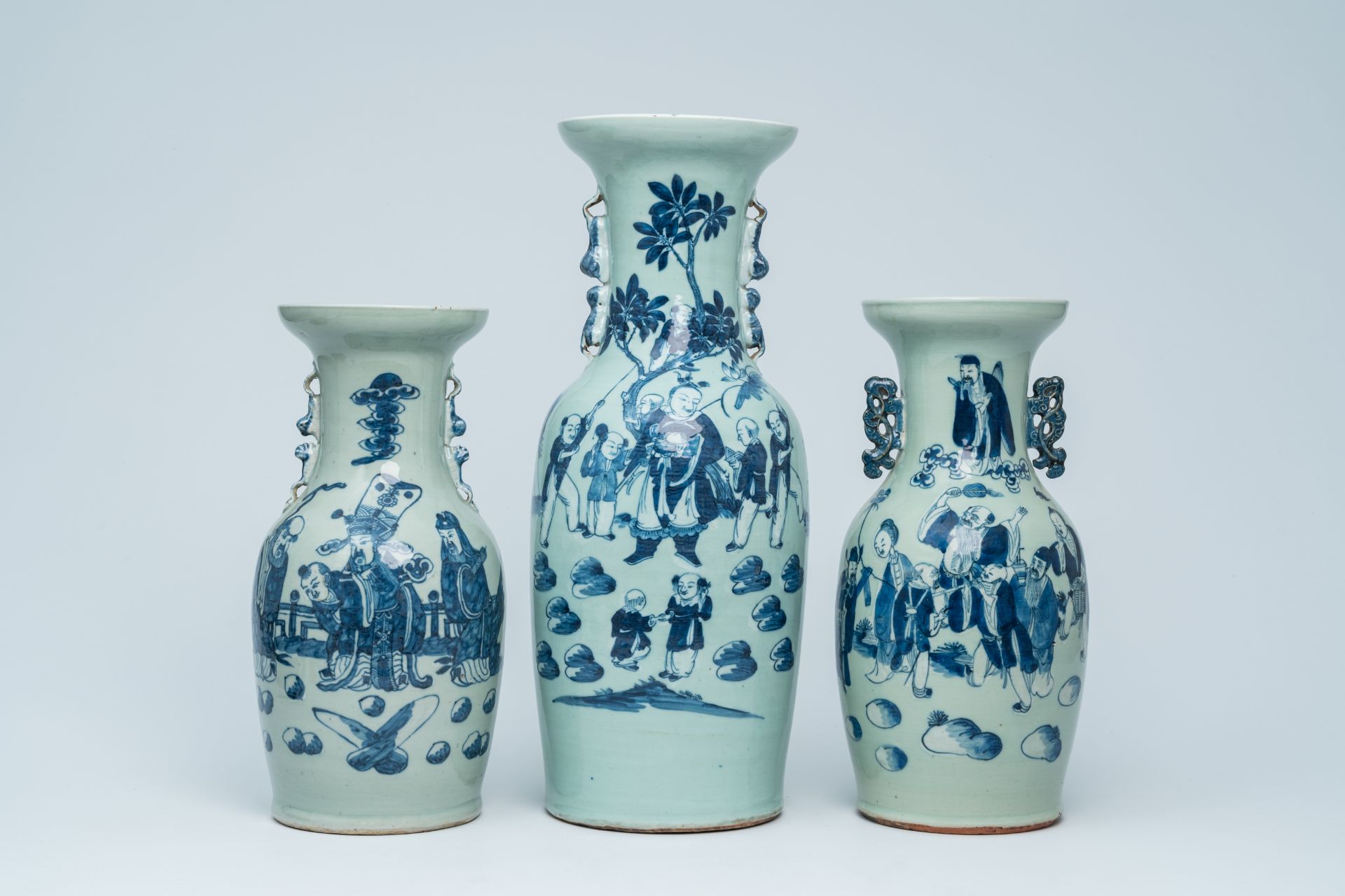 Three Chinese blue and white celadon ground vases with Immortals and their servants in a landscape, - Image 2 of 24