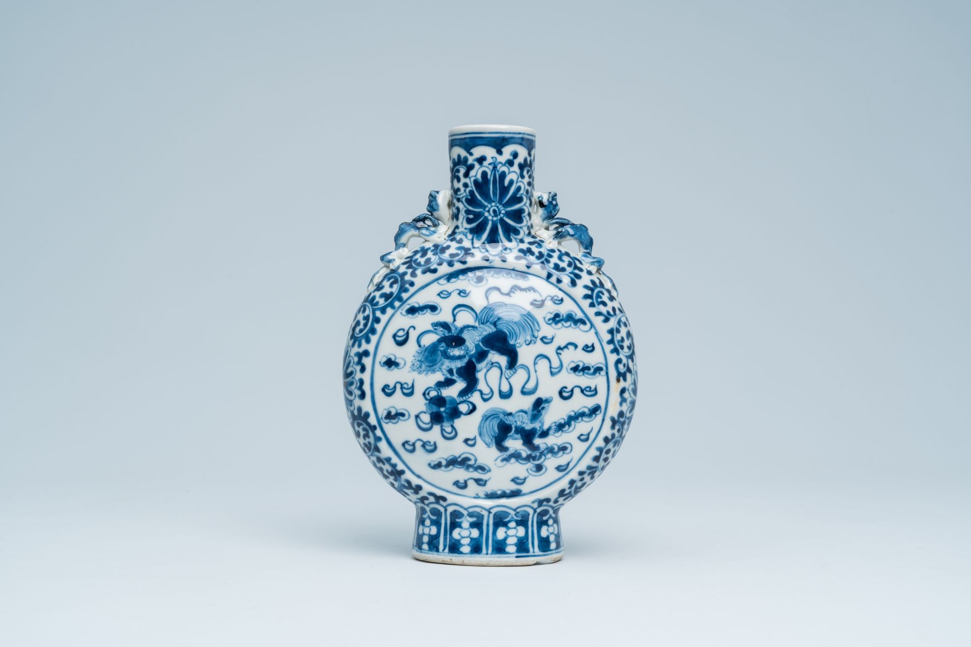 A Chinese blue and white moon flask with Buddhist lions and floral design, 19th C. - Bild 3 aus 17