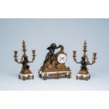 A French gilt and patinated metal mounted white alabaster three-piece clock garniture with putti, ca