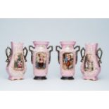 Two pairs of French 'Rose Pompadour' polychrome and gilt Paris porcelain vases with children and flo