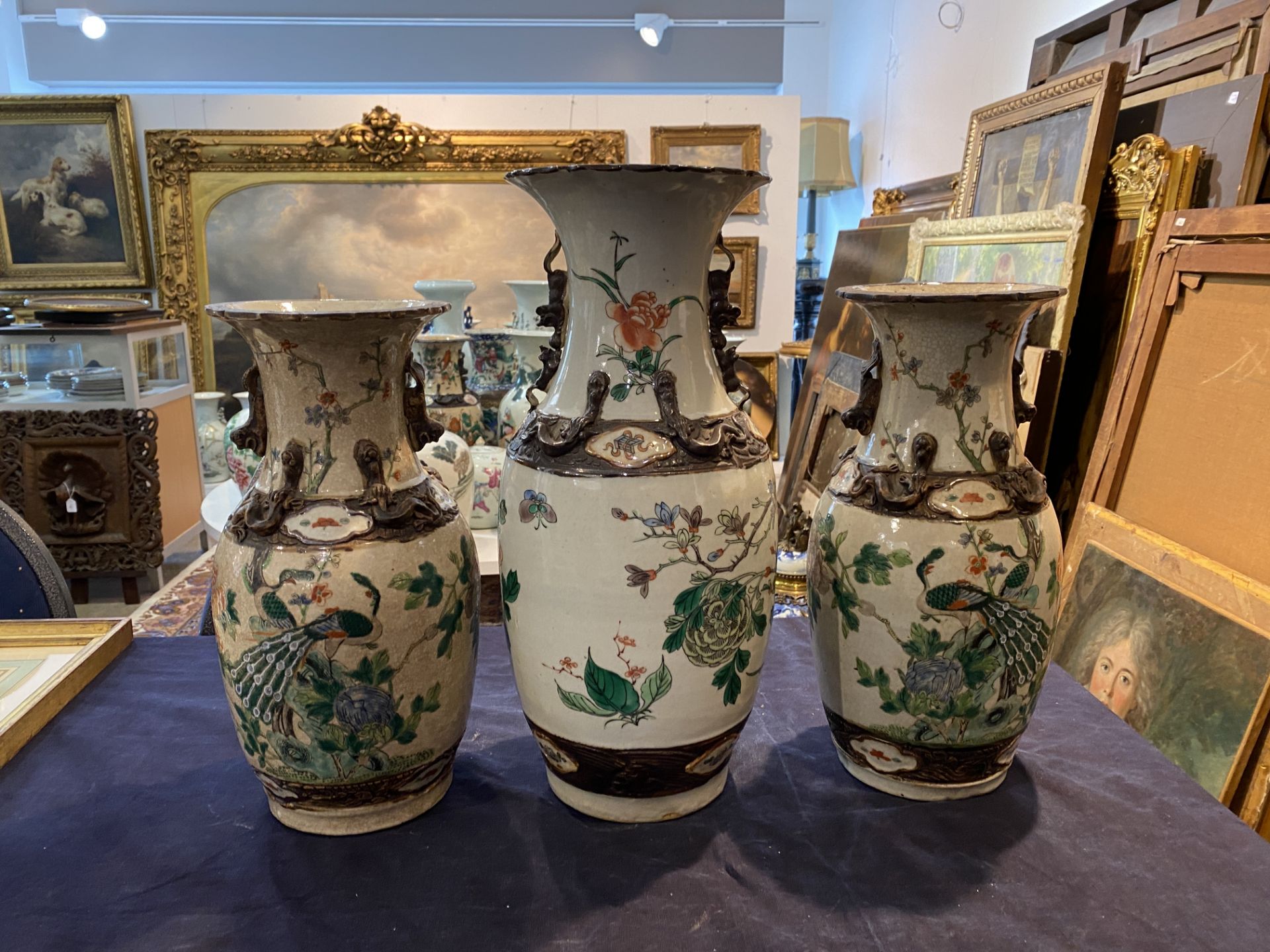 Three Chinese Nanking crackle glazed famille verte vases with birds among blossoming branches, 19th - Image 7 of 15