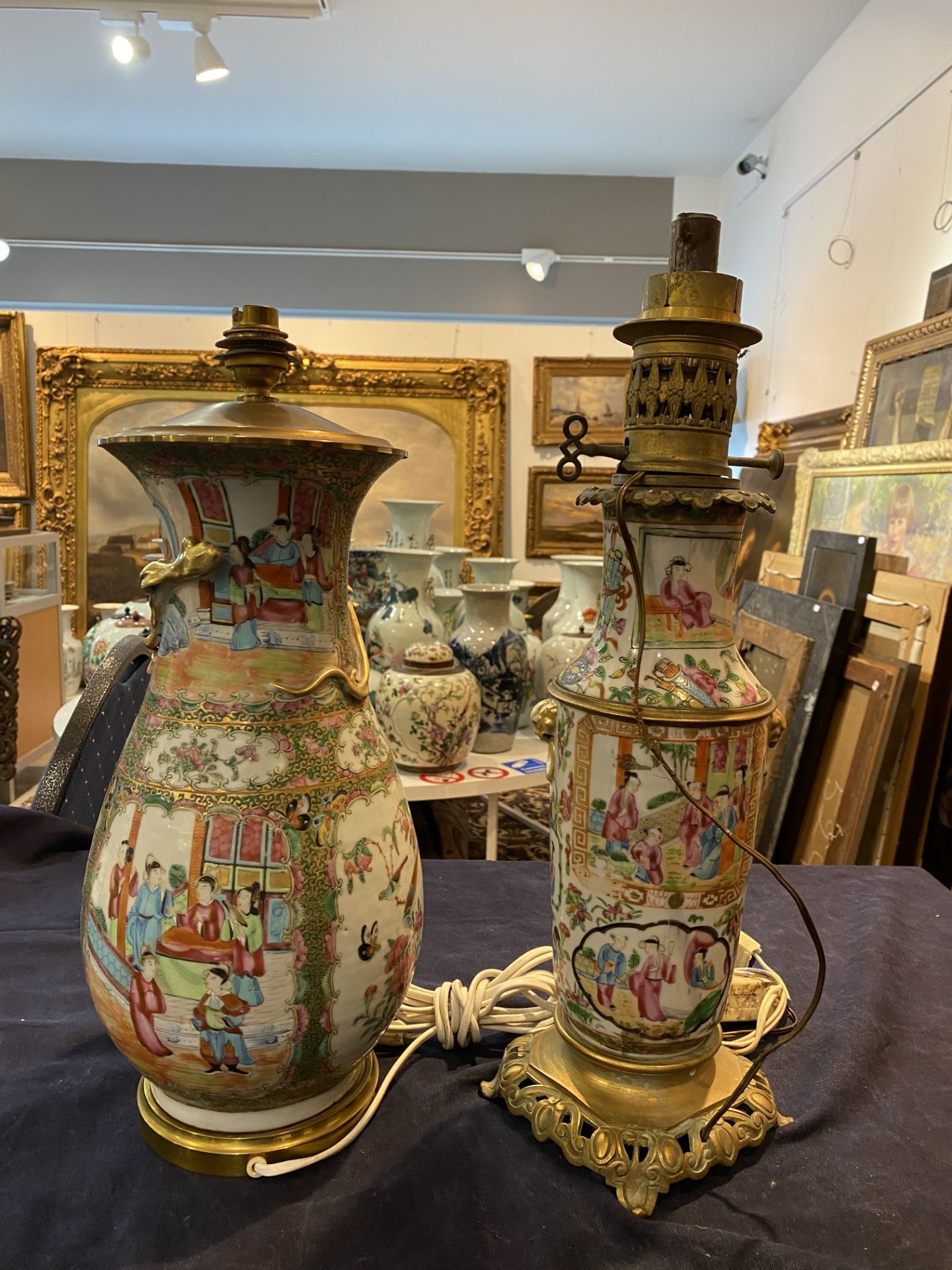 Two Chinese Canton famille rose vases with palace scenes and floral design mounted as lamps, 19th C. - Image 10 of 13
