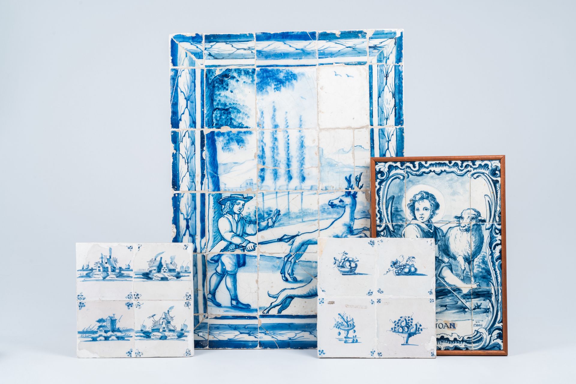 Two blue and white Portuguese tile murals and two sets of four Dutch Delft tiles, 17th C. and later