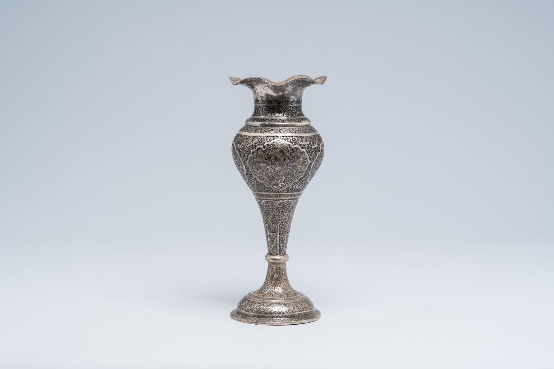 A Persian silver Shiraz vase with animated medallions, floral design and a dedication, Iran, first h - Image 3 of 8