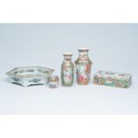 Two Chinese Canton famille rose vases with palace scenes and floral design, a stand, a box and cover