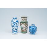 Two Chinese blue and white vases and a square famille rose vase, 19th C.