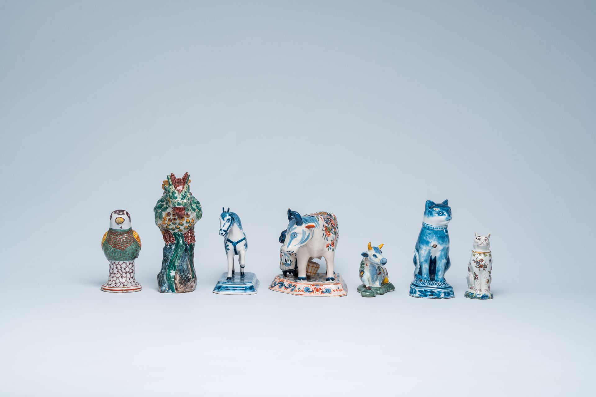 Seven blue, white and polychrome Delft-style animal sculptures, incl. Desvres and Makkum, 19th/20th - Image 4 of 7