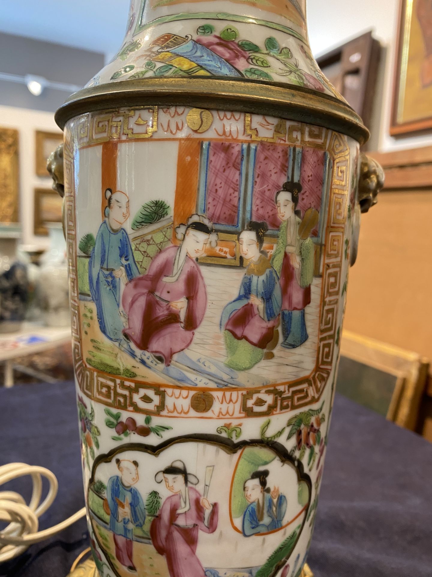 Two Chinese Canton famille rose vases with palace scenes and floral design mounted as lamps, 19th C. - Image 11 of 13