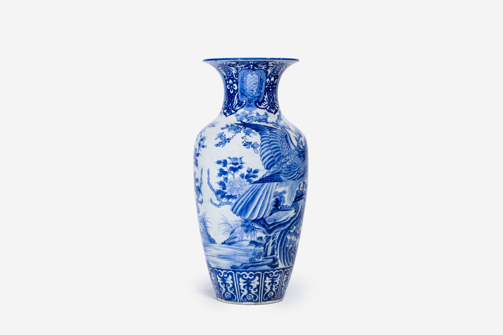 A large Japanese blue and white Arita vase with eagles among blossoming branches, Meiji, ca. 1900 - Image 4 of 6