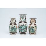 Three Chinese Nanking crackle glazed famille verte vases with birds among blossoming branches, 19th