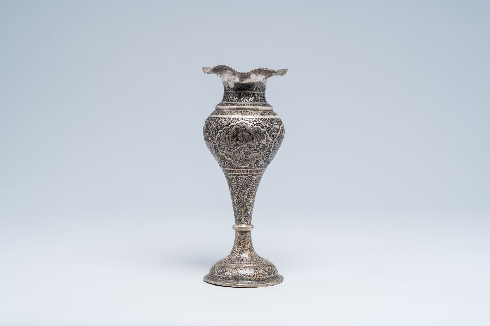A Persian silver Shiraz vase with animated medallions, floral design and a dedication, Iran, first h - Image 5 of 8