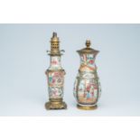 Two Chinese Canton famille rose vases with palace scenes and floral design mounted as lamps, 19th C.