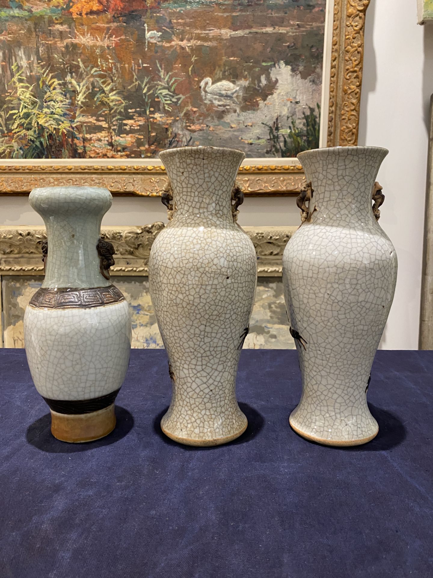 A pair of Chinese Nanking crackle glazed relief decorated 'dragon' vases and a blue and white 'Buddh - Image 10 of 16