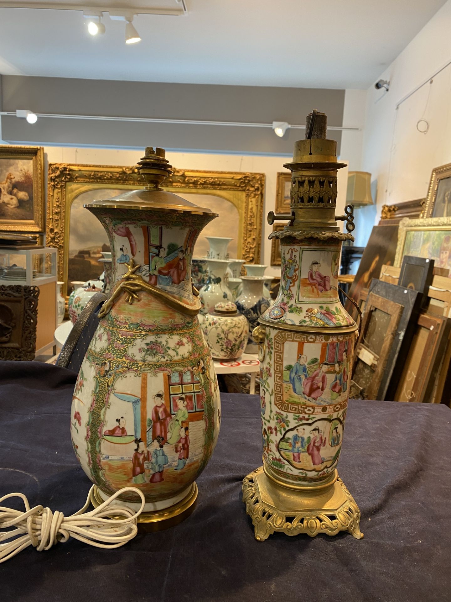 Two Chinese Canton famille rose vases with palace scenes and floral design mounted as lamps, 19th C. - Image 8 of 13