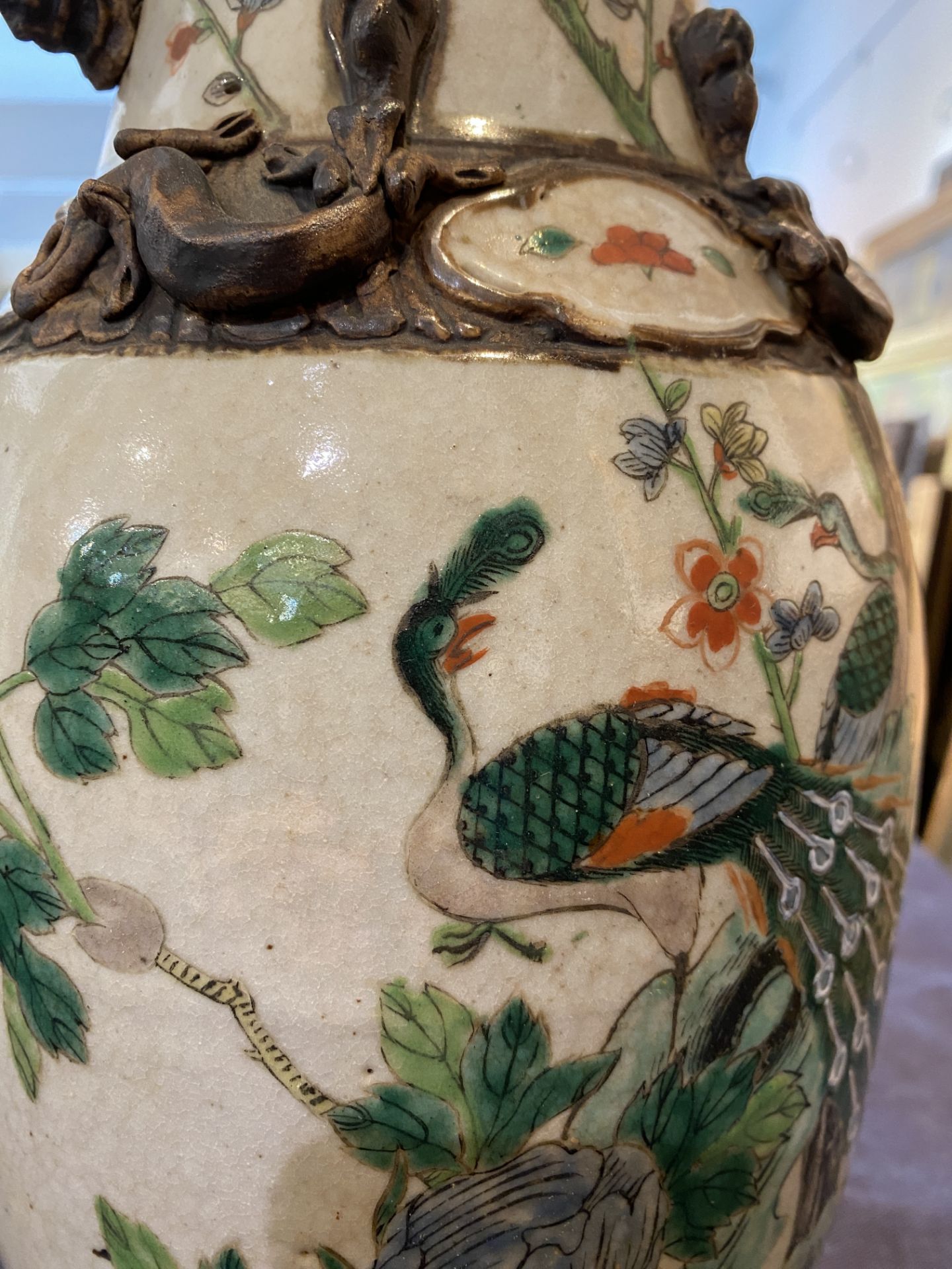 Three Chinese Nanking crackle glazed famille verte vases with birds among blossoming branches, 19th - Image 13 of 15