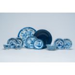 A varied collection of Chinese blue and white porcelain and a monochrome blue dish, 19th C.
