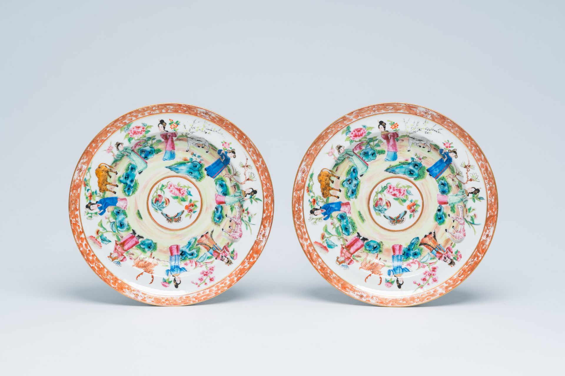 A pair of Chinese Canton famille rose 'Eight Immortals' dishes, 19th C. - Image 2 of 9