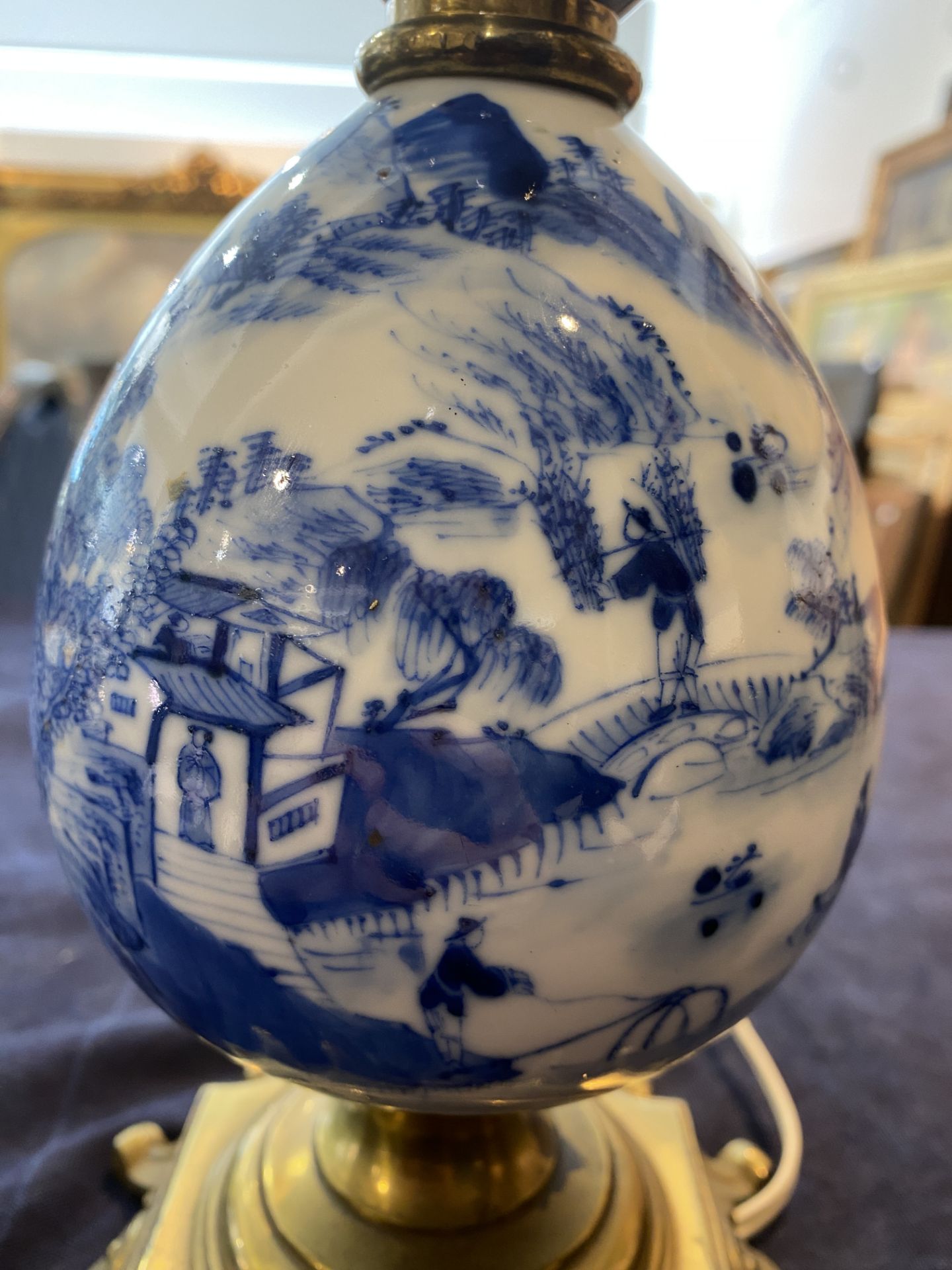 A Chinese blue and white bottle shaped vase with an animated river landscape mounted as a lamp, 19th - Image 13 of 13