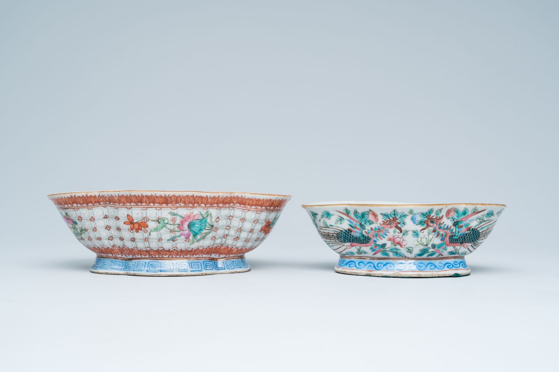 Two lobed Chinese famille rose bowls with phoenixes among blossoming branches and floral design, 19t - Image 2 of 16