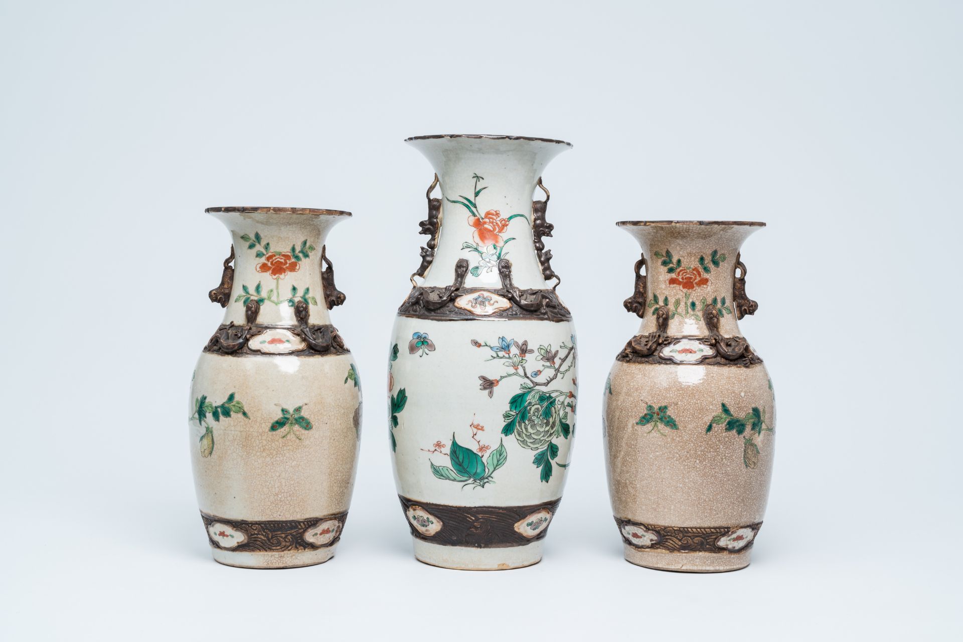Three Chinese Nanking crackle glazed famille verte vases with birds among blossoming branches, 19th - Image 3 of 15