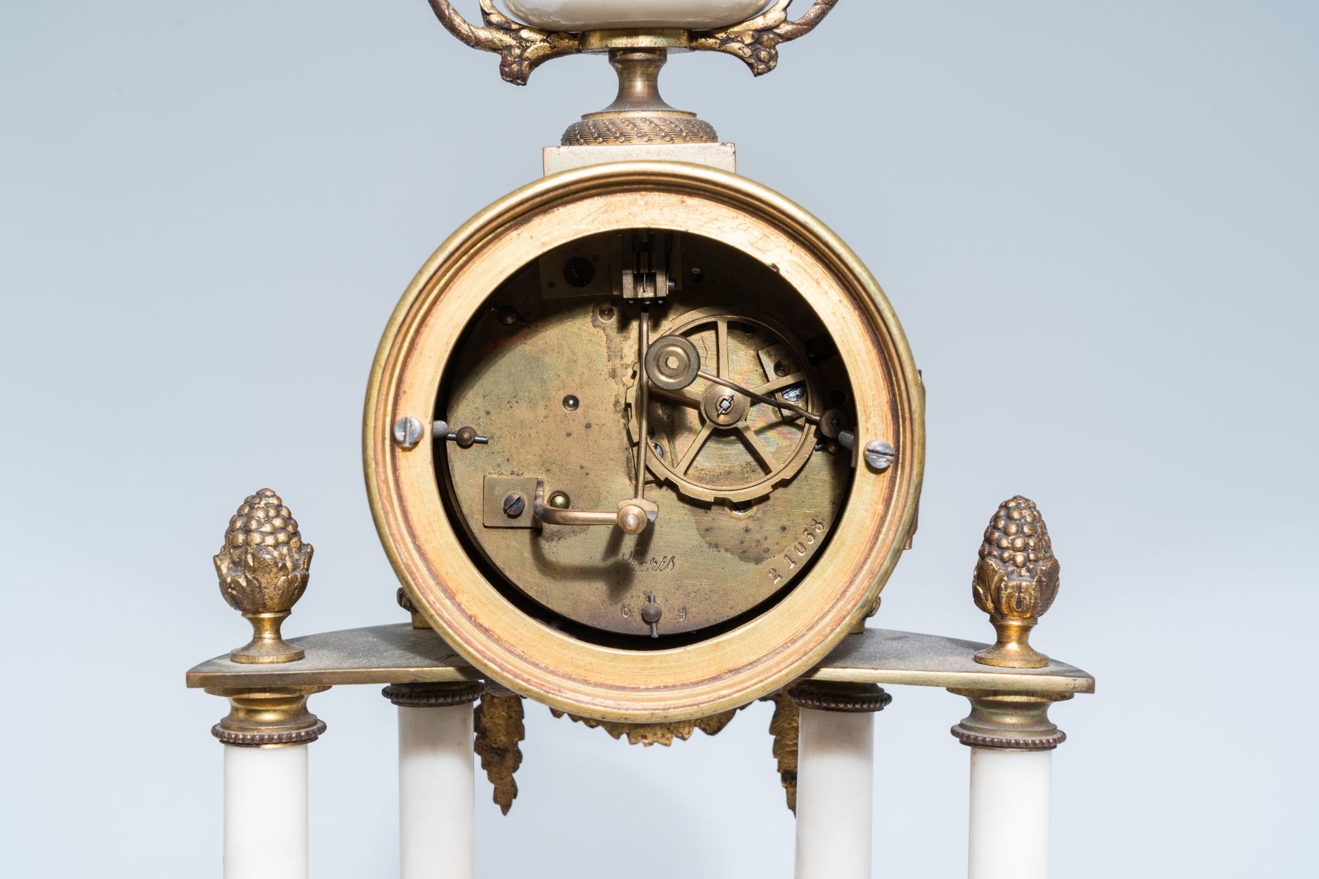 A Belgian Neoclassical gilt bronze mounted white alabaster three-piece clock garniture, Luppens Brus - Image 10 of 14