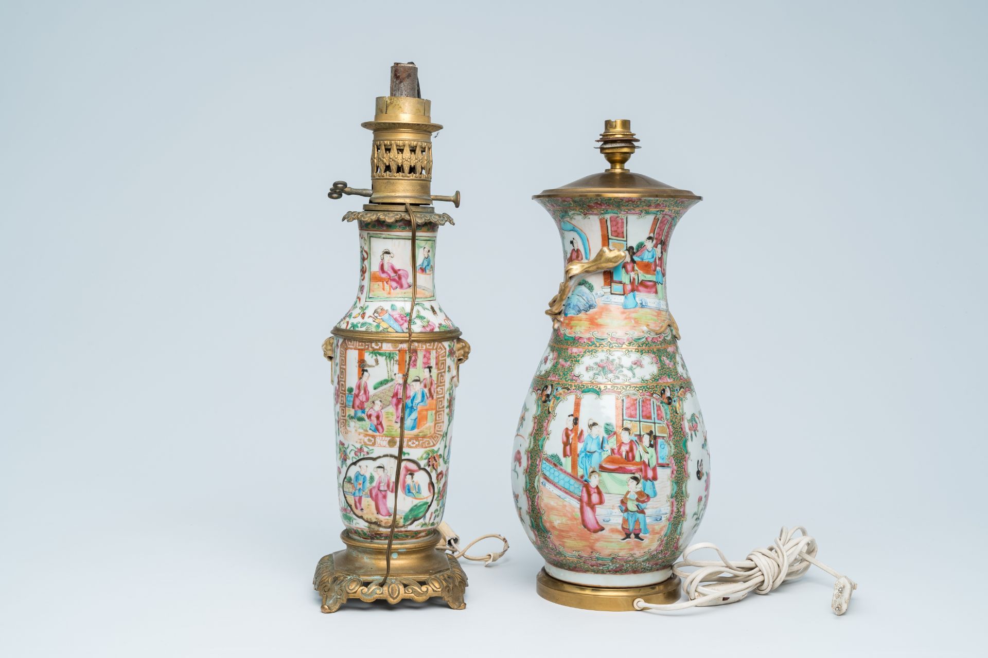 Two Chinese Canton famille rose vases with palace scenes and floral design mounted as lamps, 19th C. - Image 3 of 13