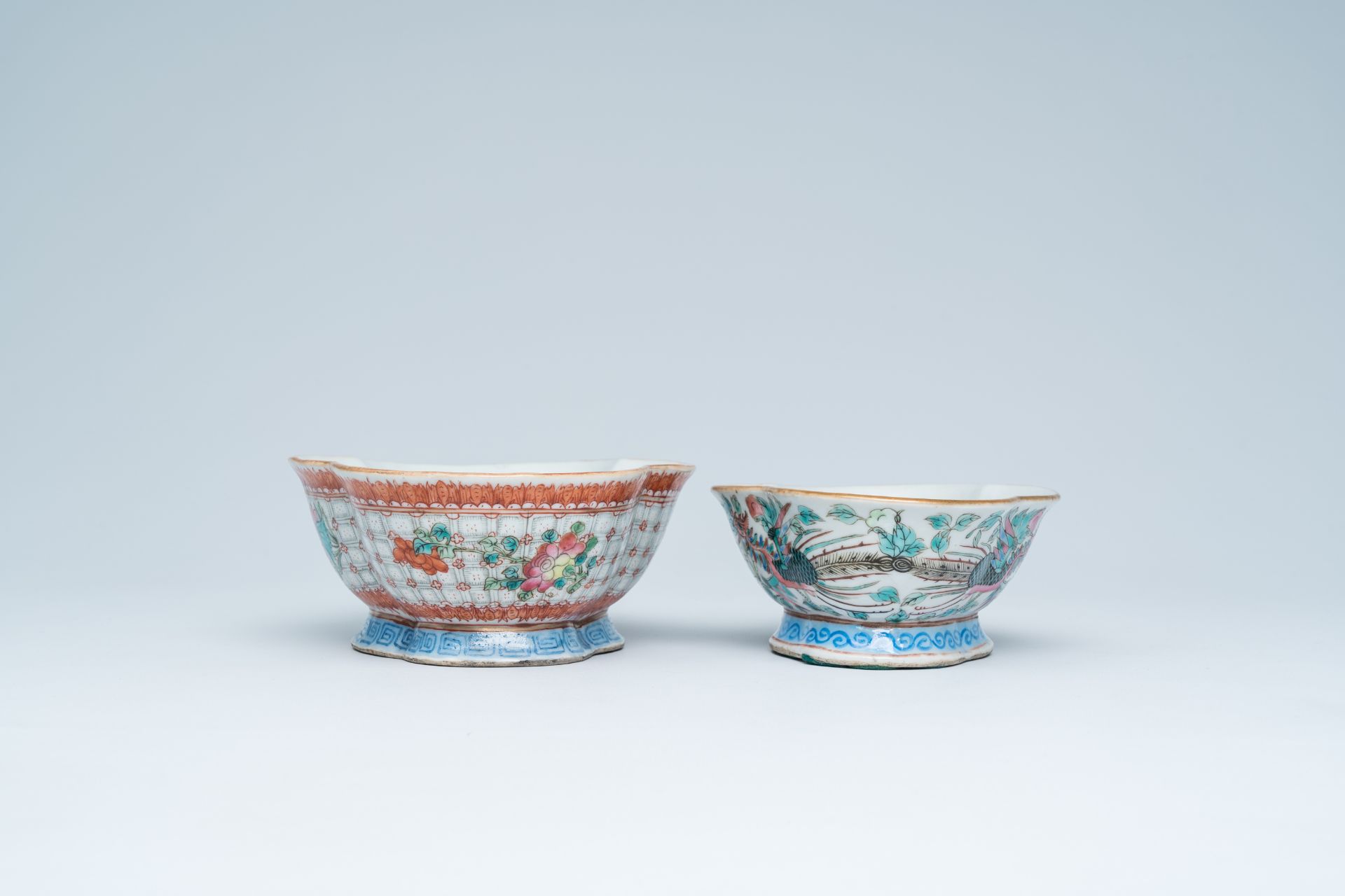 Two lobed Chinese famille rose bowls with phoenixes among blossoming branches and floral design, 19t - Image 3 of 16