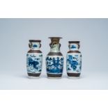 Three Chinese Nanking crackle glazed blue and white vases with Buddhist lions and an animated river